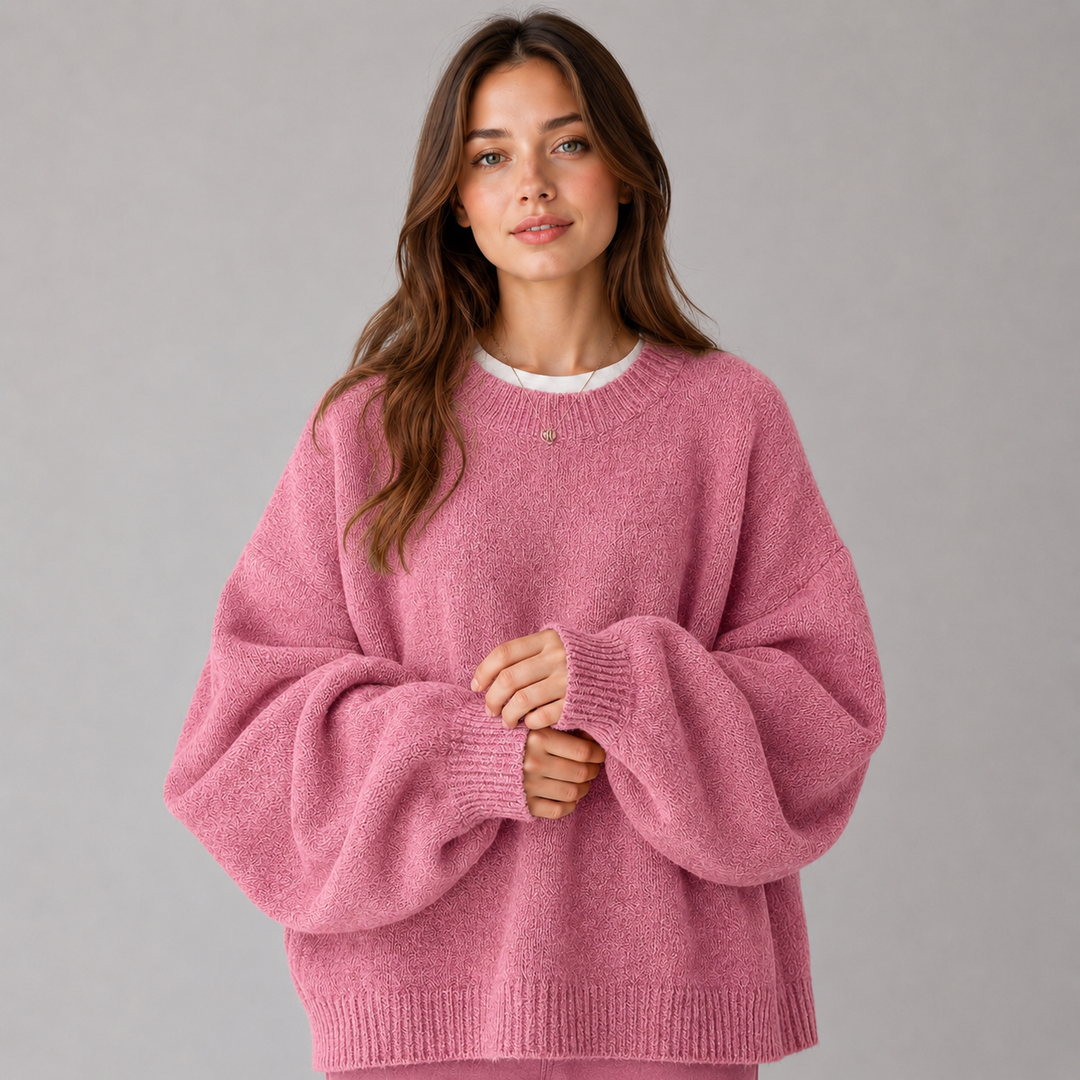 Women's textured knit sweater with crew neck, dropped shoulders and balloon sleeves