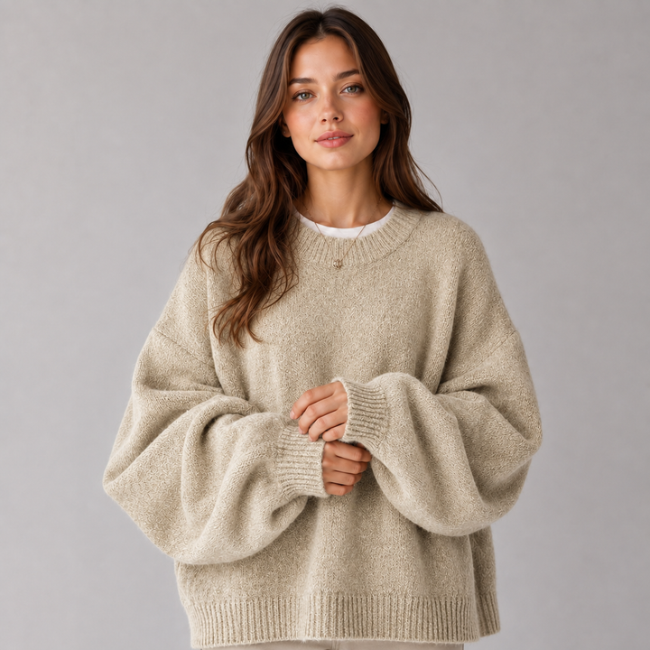 Women's textured knit sweater with crew neck, dropped shoulders and balloon sleeves