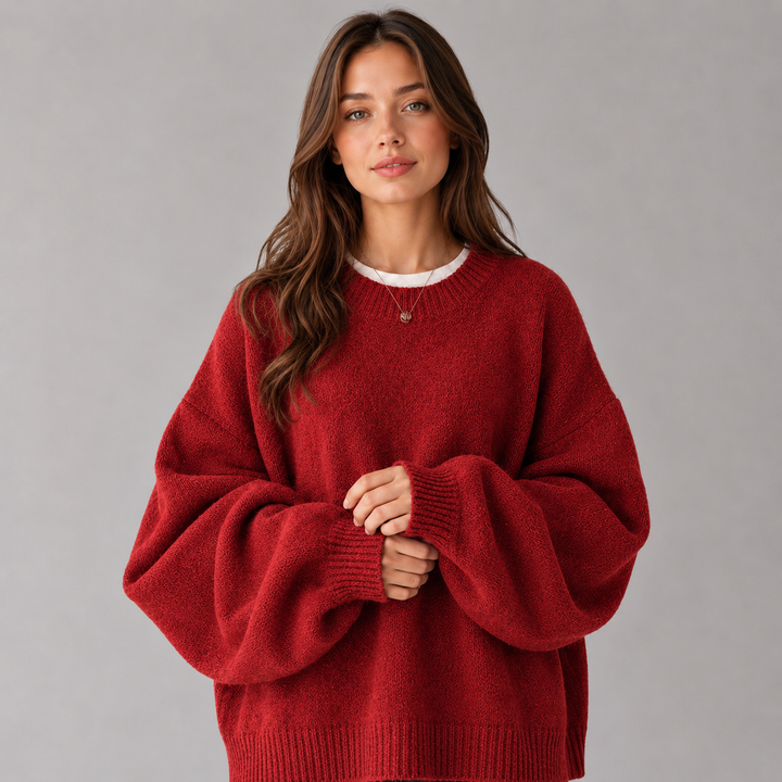 Women's textured knit sweater with crew neck, dropped shoulders and balloon sleeves