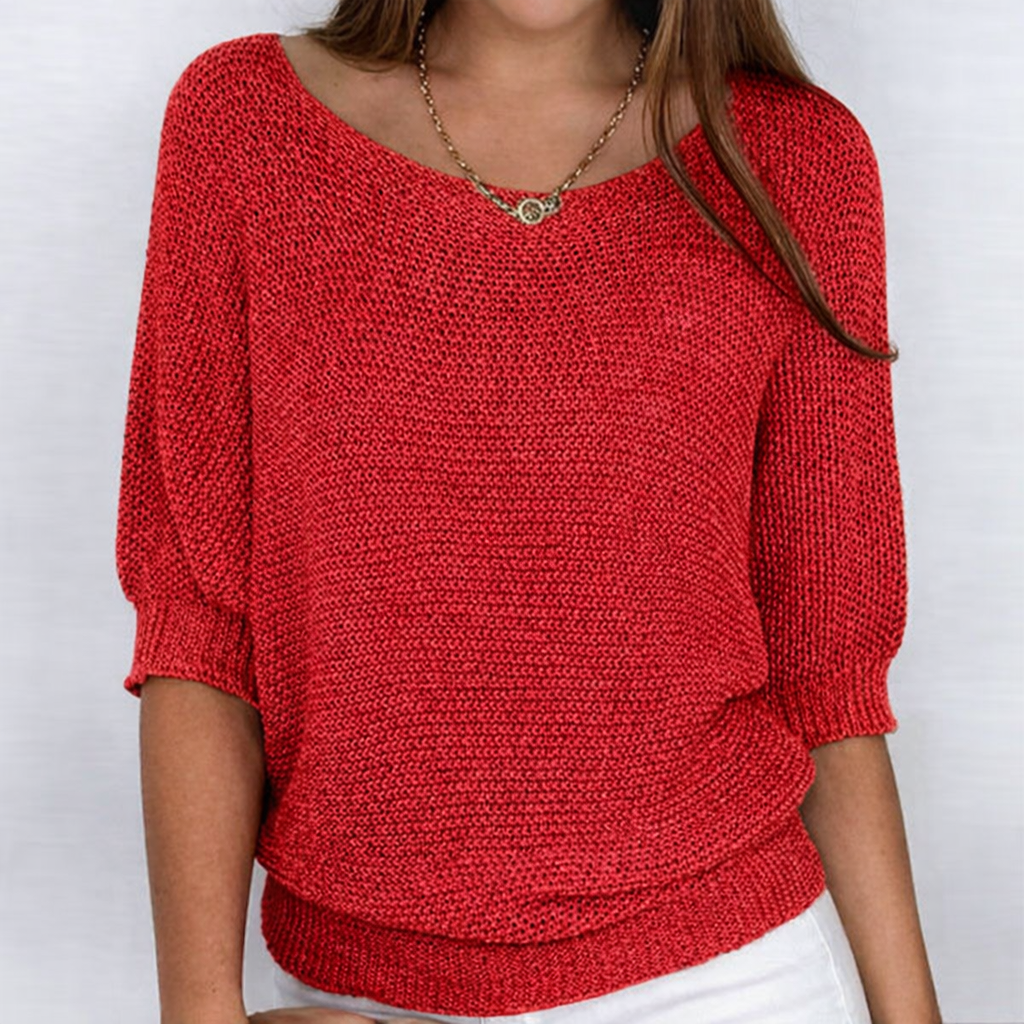 Women's textured knit sweater with round neckline and 3/4 sleeves