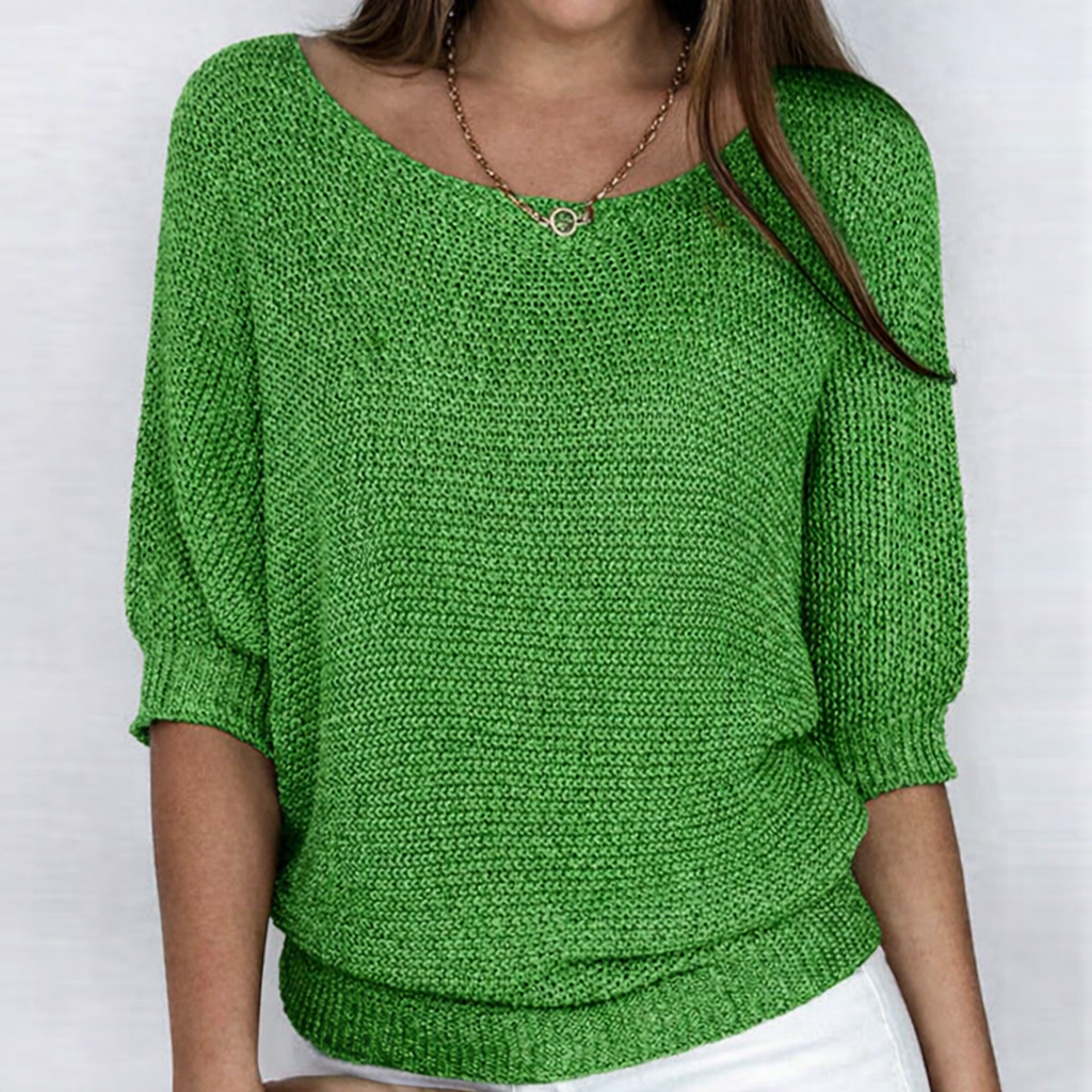 Women's textured knit sweater with round neckline and 3/4 sleeves