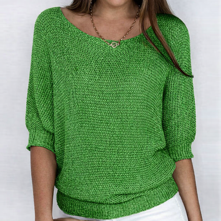 Women's textured knit sweater with round neckline and 3/4 sleeves