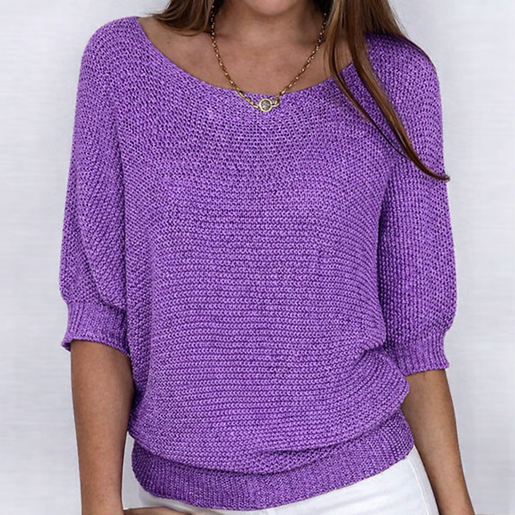 Women's textured knit sweater with round neckline and 3/4 sleeves