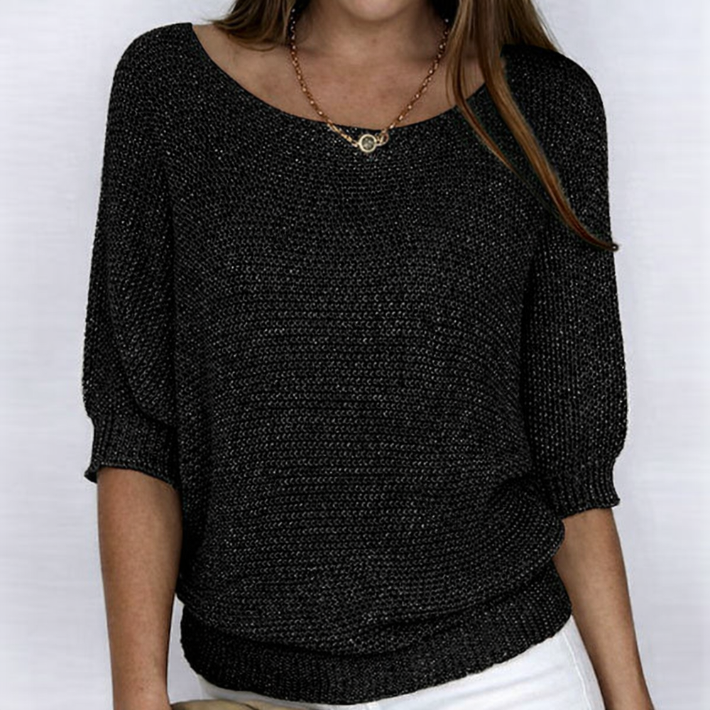 Women's textured knit sweater with round neckline and 3/4 sleeves