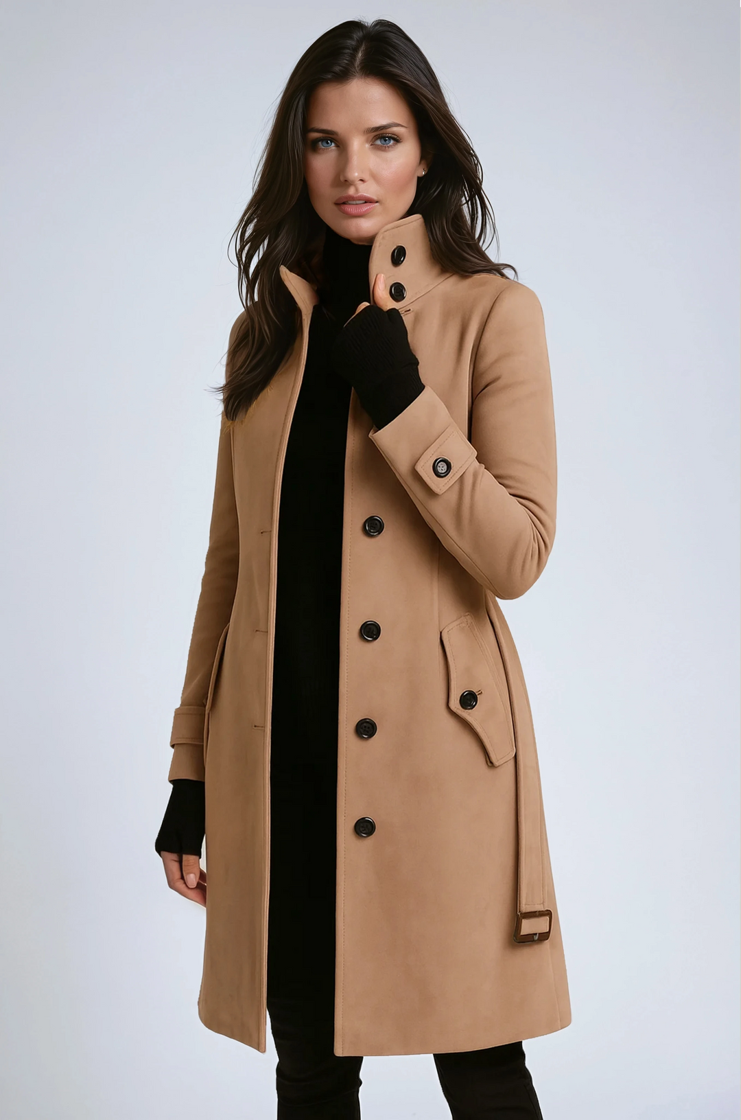 Women's longline trench coat with high collar, button front, belt and flap pockets