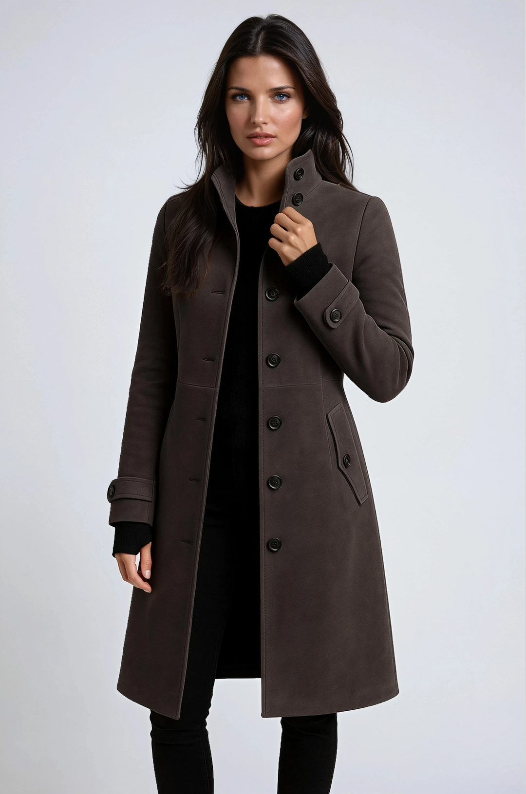 Women's longline trench coat with high collar, button front, belt and flap pockets