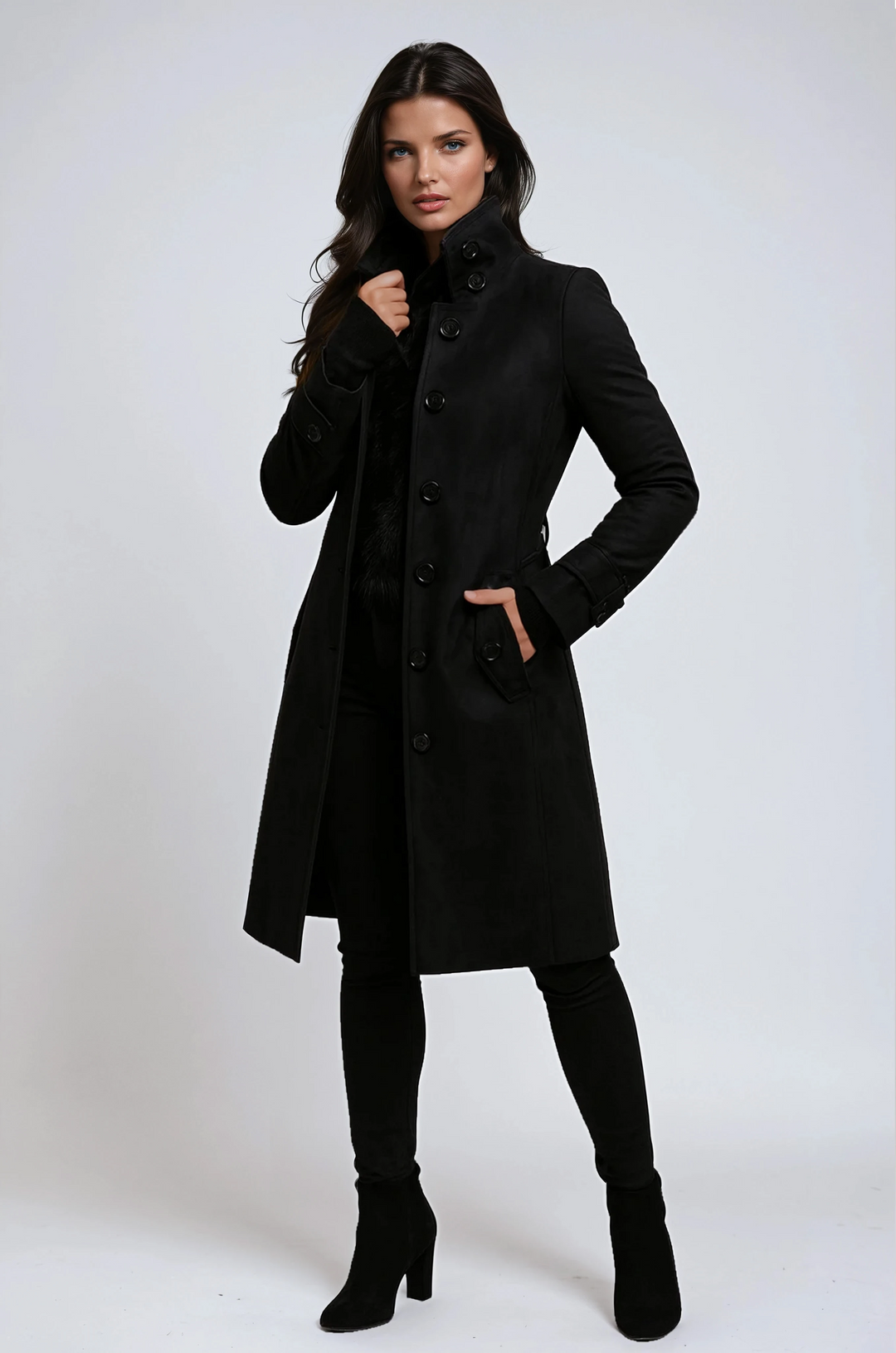 Women's longline trench coat with high collar, button front, belt and flap pockets