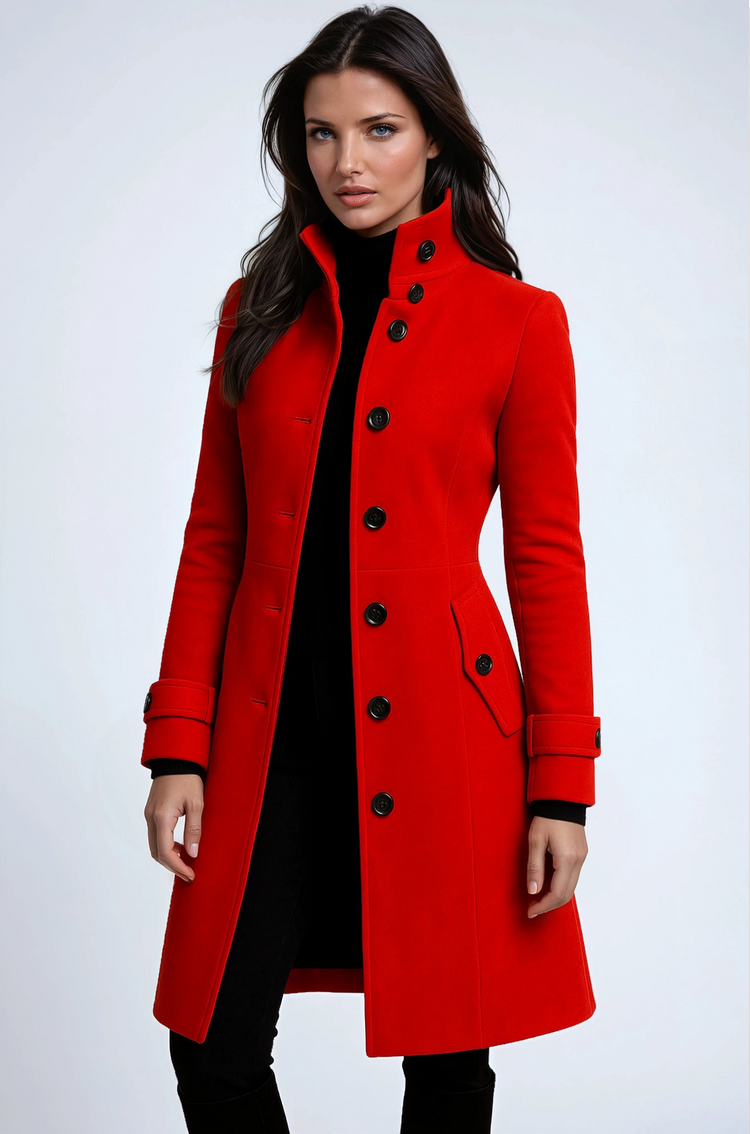 Women's longline trench coat with high collar, button front, belt and flap pockets