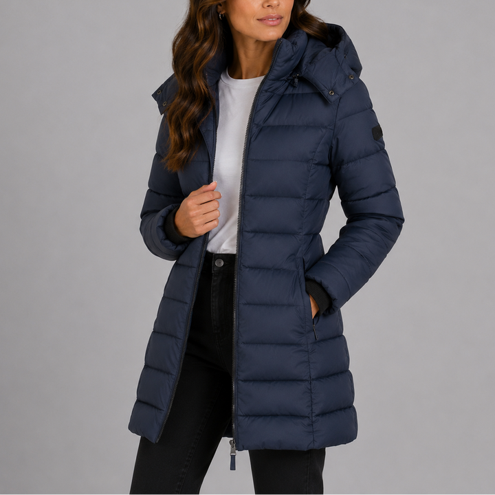 Women's hooded quilted puffer jacket with long sleeves and zip front