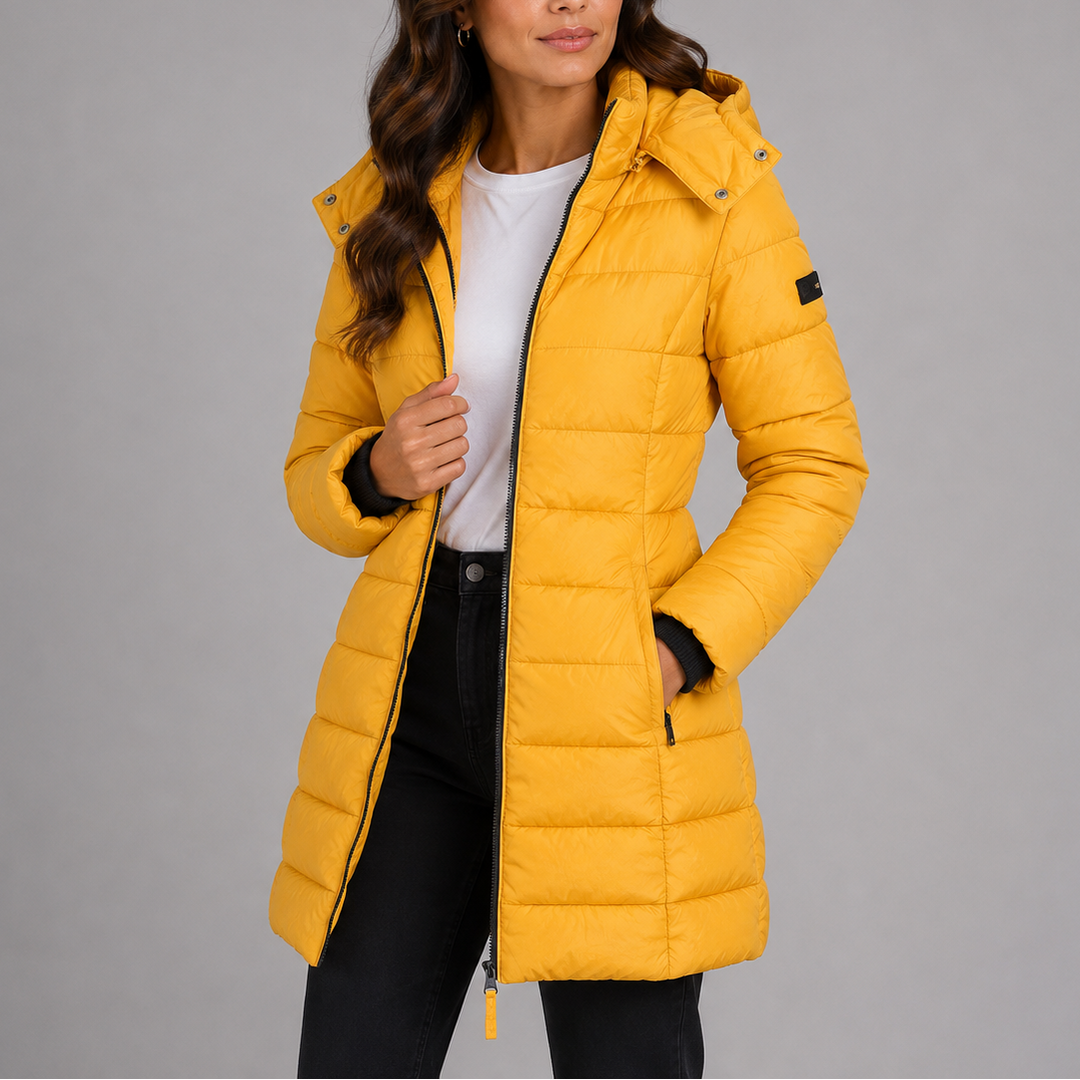 Women's hooded quilted puffer jacket with long sleeves and zip front
