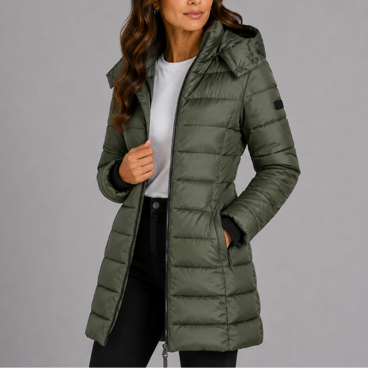 Women's hooded quilted puffer jacket with long sleeves and zip front