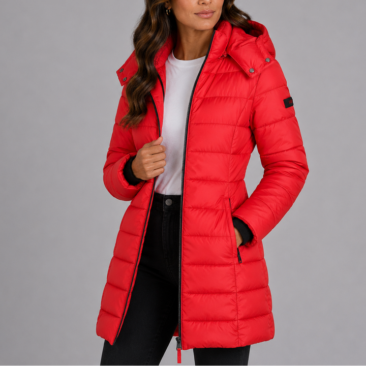 Women's hooded quilted puffer jacket with long sleeves and zip front