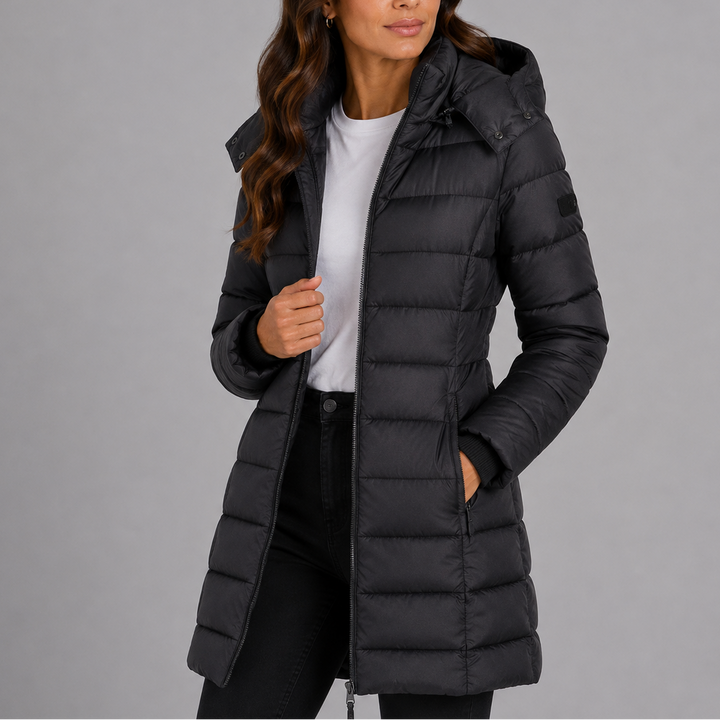 Women's hooded quilted puffer jacket with long sleeves and zip front
