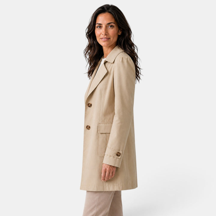 Women's long trench coat with notched lapels, button front and flap pockets