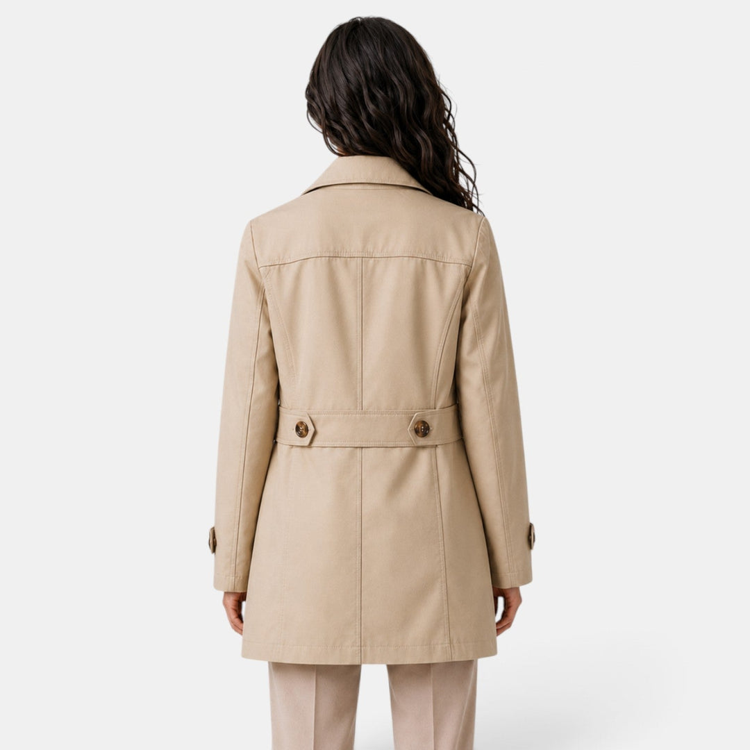 Women's long trench coat with notched lapels, button front and flap pockets