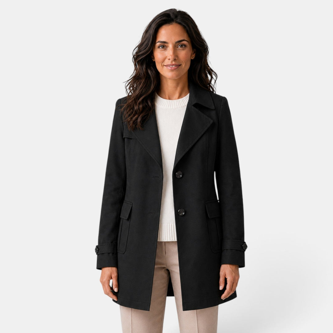 Women's long trench coat with notched lapels, button front and flap pockets