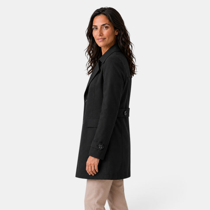 Women's long trench coat with notched lapels, button front and flap pockets