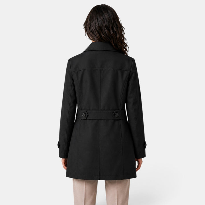 Women's long trench coat with notched lapels, button front and flap pockets
