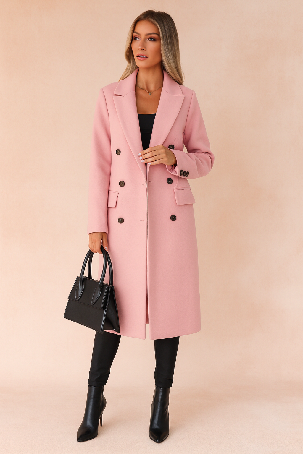 Women's long double-breasted coat with notched lapels and flap pockets