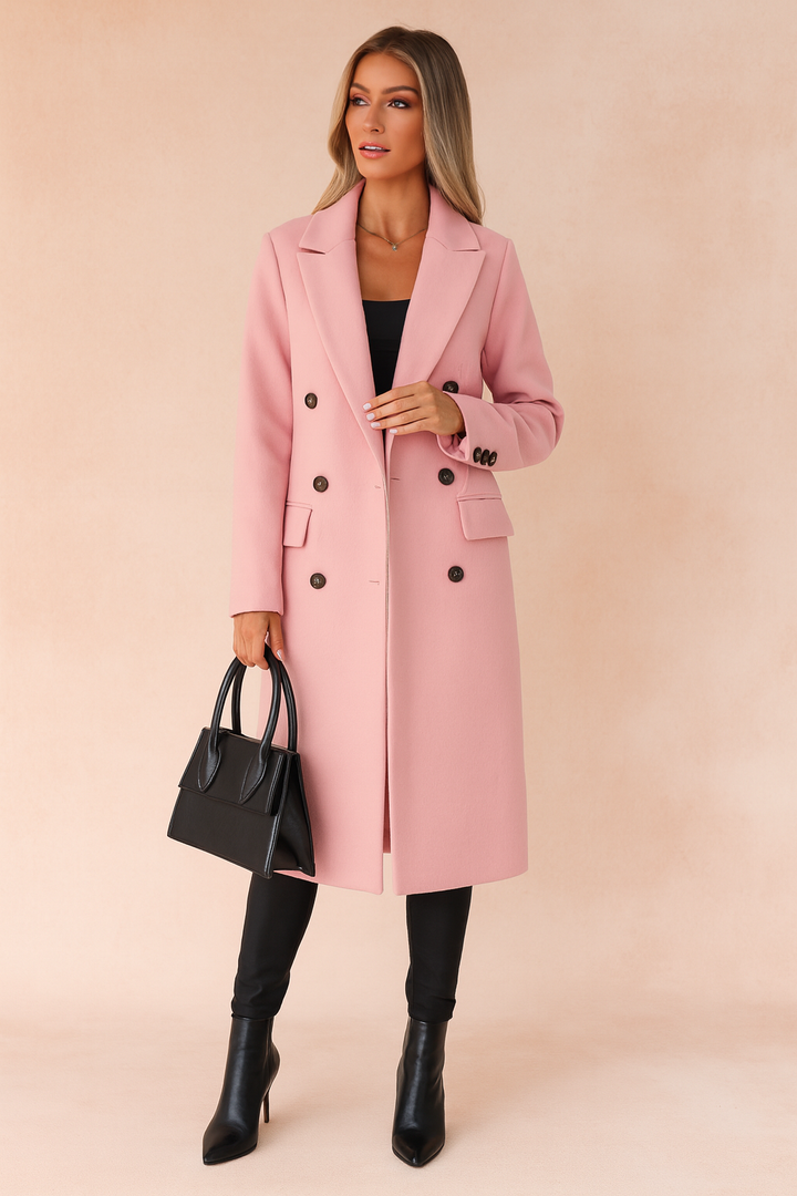 Women's long double-breasted coat with notched lapels and flap pockets
