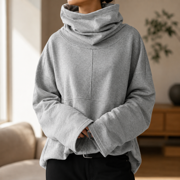 Women's cowl-neck jumper with long sleeves and wide flared cuffs