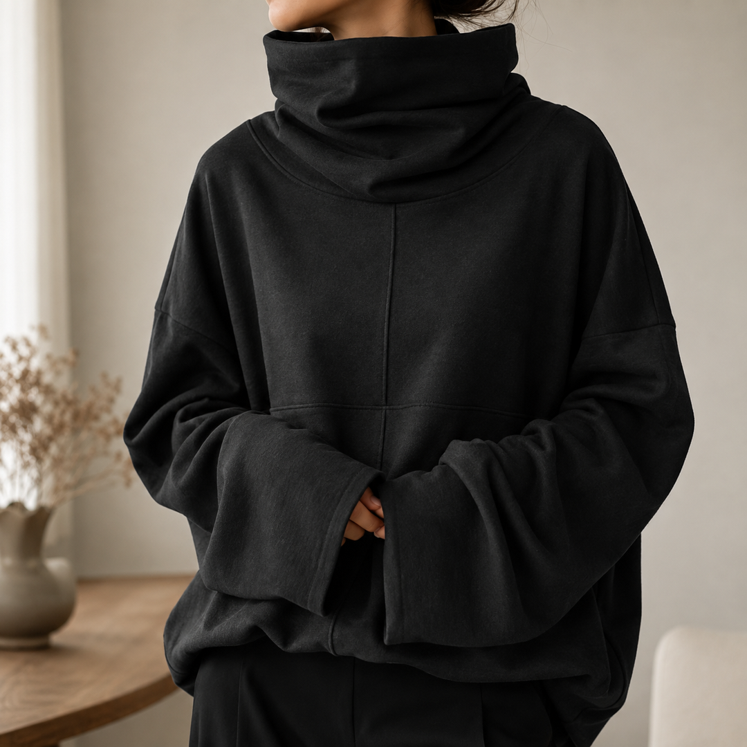 Women's cowl-neck jumper with long sleeves and wide flared cuffs