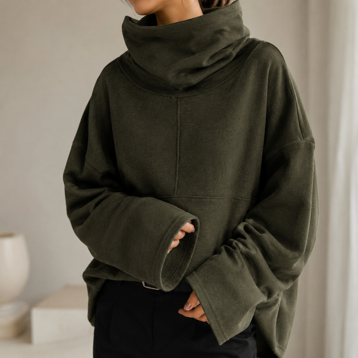 Women's cowl-neck jumper with long sleeves and wide flared cuffs