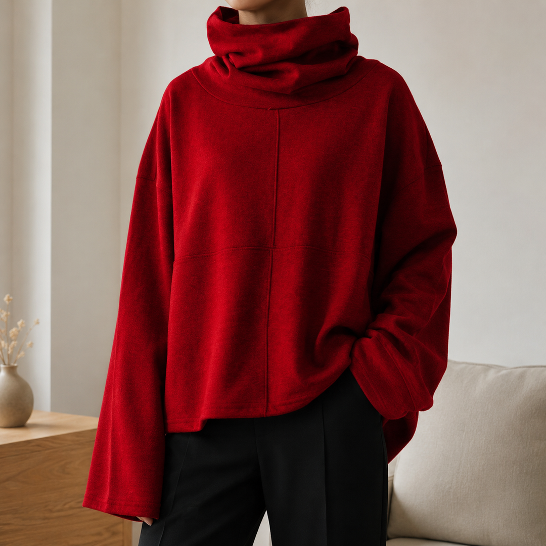 Women's cowl-neck jumper with long sleeves and wide flared cuffs