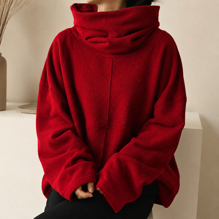 Women's cowl-neck jumper with long sleeves and wide flared cuffs