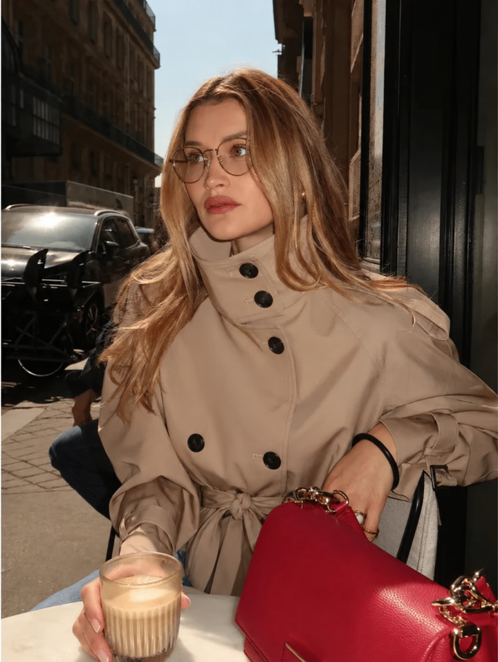 Women's belted trench jacket with high collar and double-breasted buttons