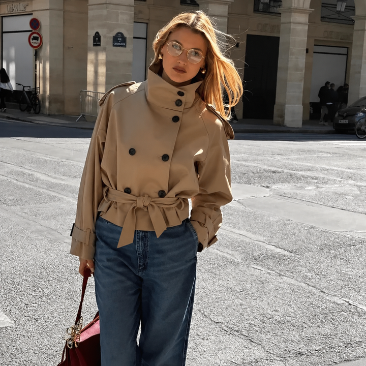 Women's belted trench jacket with high collar and double-breasted buttons