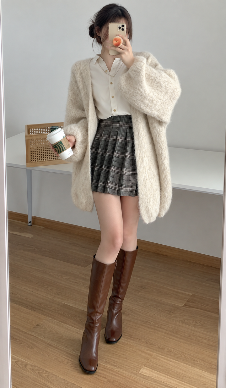 Woman wearing a longline open front cardigan with voluminous sleeves