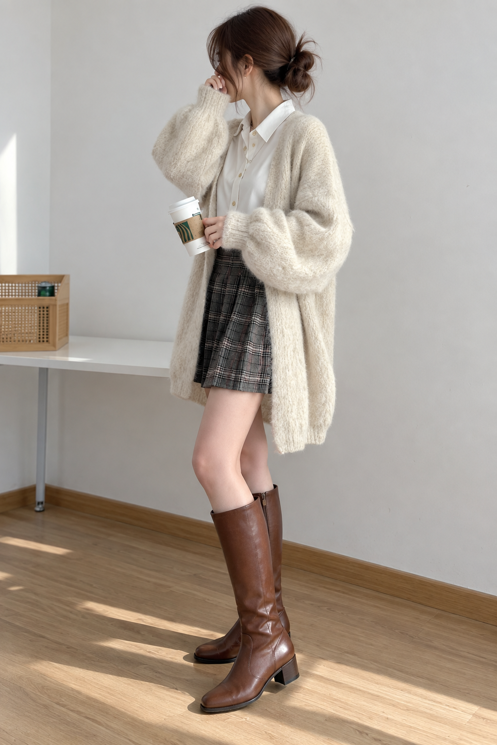 Woman wearing a longline open front cardigan with voluminous sleeves