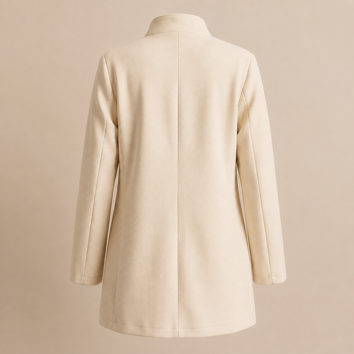 Women's long structured blazer with mandarin collar and button front