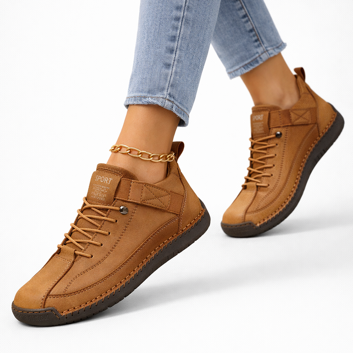 Unisex lace-up high-top sneakers with ankle strap and stitched panels