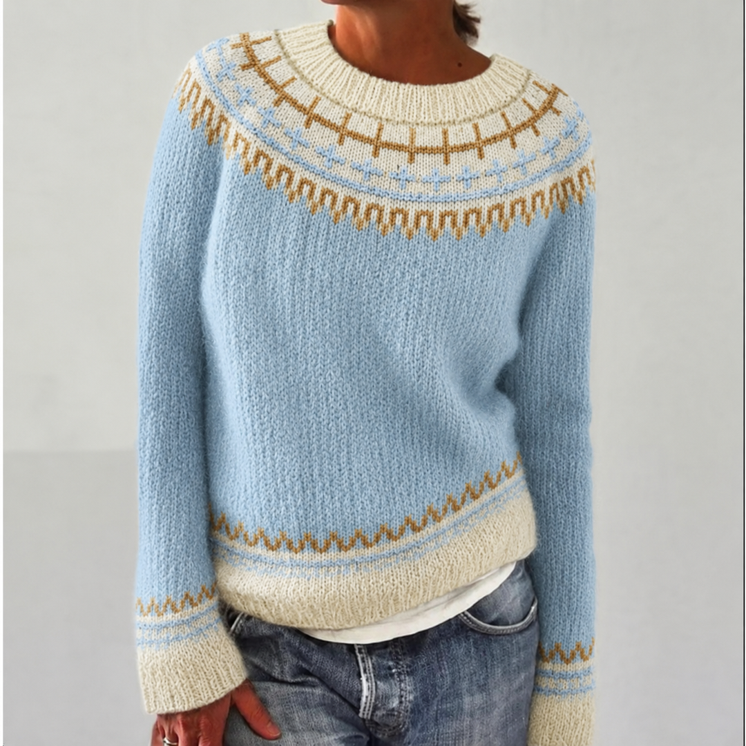 Women's Fair Isle crew neck jumper with long sleeves and patterned yoke