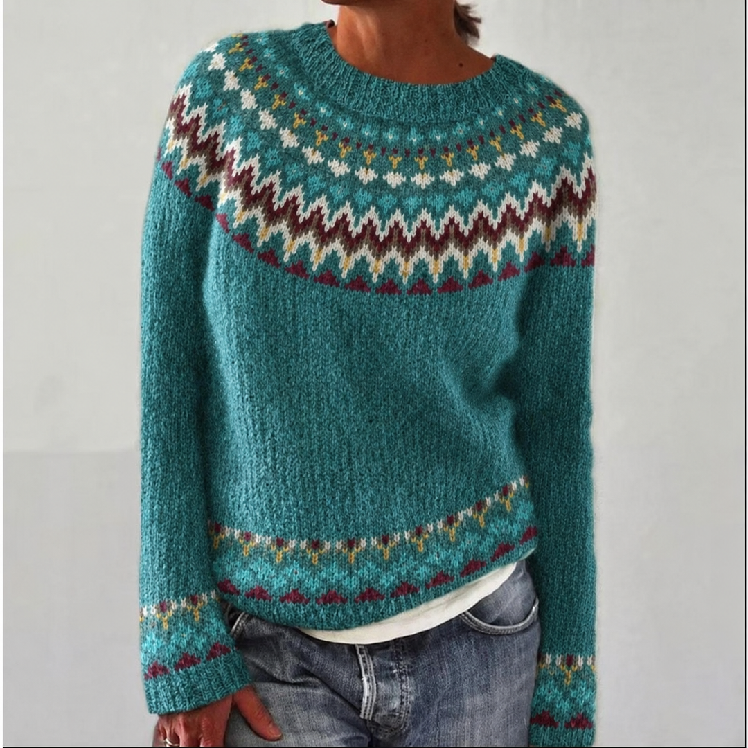 Women's Fair Isle crew neck jumper with long sleeves and patterned yoke