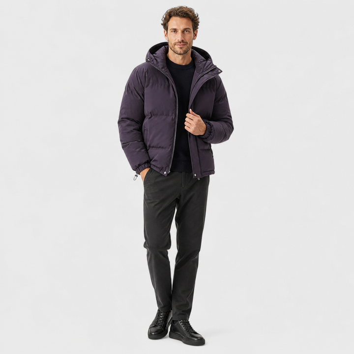 Unisex hooded quilted puffer jacket with long sleeves and zip front