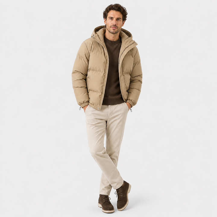 Unisex hooded quilted puffer jacket with long sleeves and zip front
