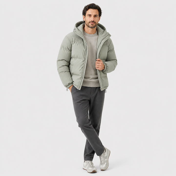Unisex hooded quilted puffer jacket with long sleeves and zip front