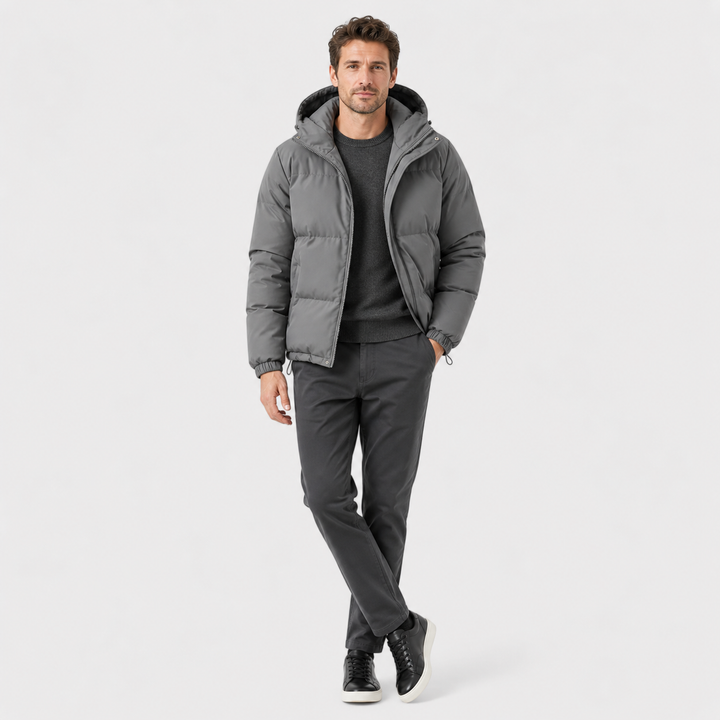 Unisex hooded quilted puffer jacket with long sleeves and zip front