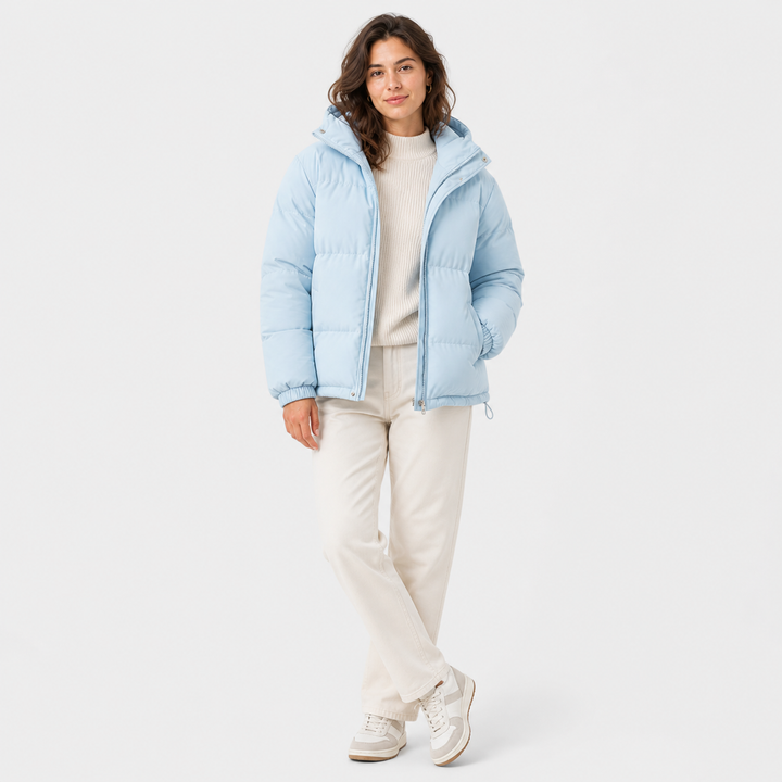 Unisex hooded quilted puffer jacket with long sleeves and zip front