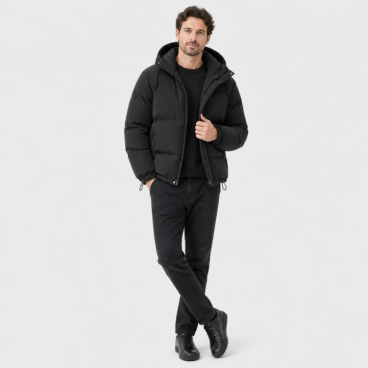 Unisex hooded quilted puffer jacket with long sleeves and zip front