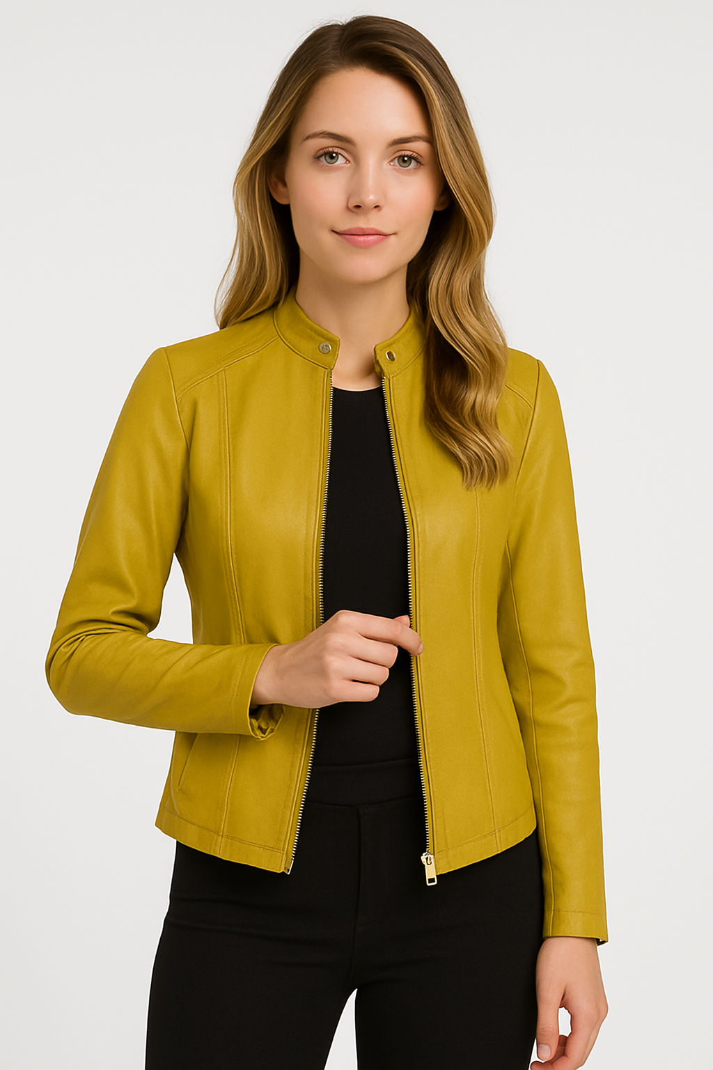 Women's short zip-front jacket with stand collar and long sleeves