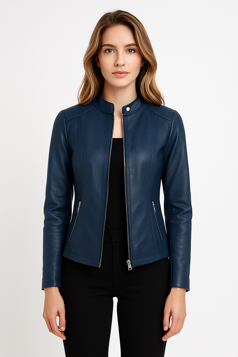 Women's short zip-front jacket with stand collar and long sleeves