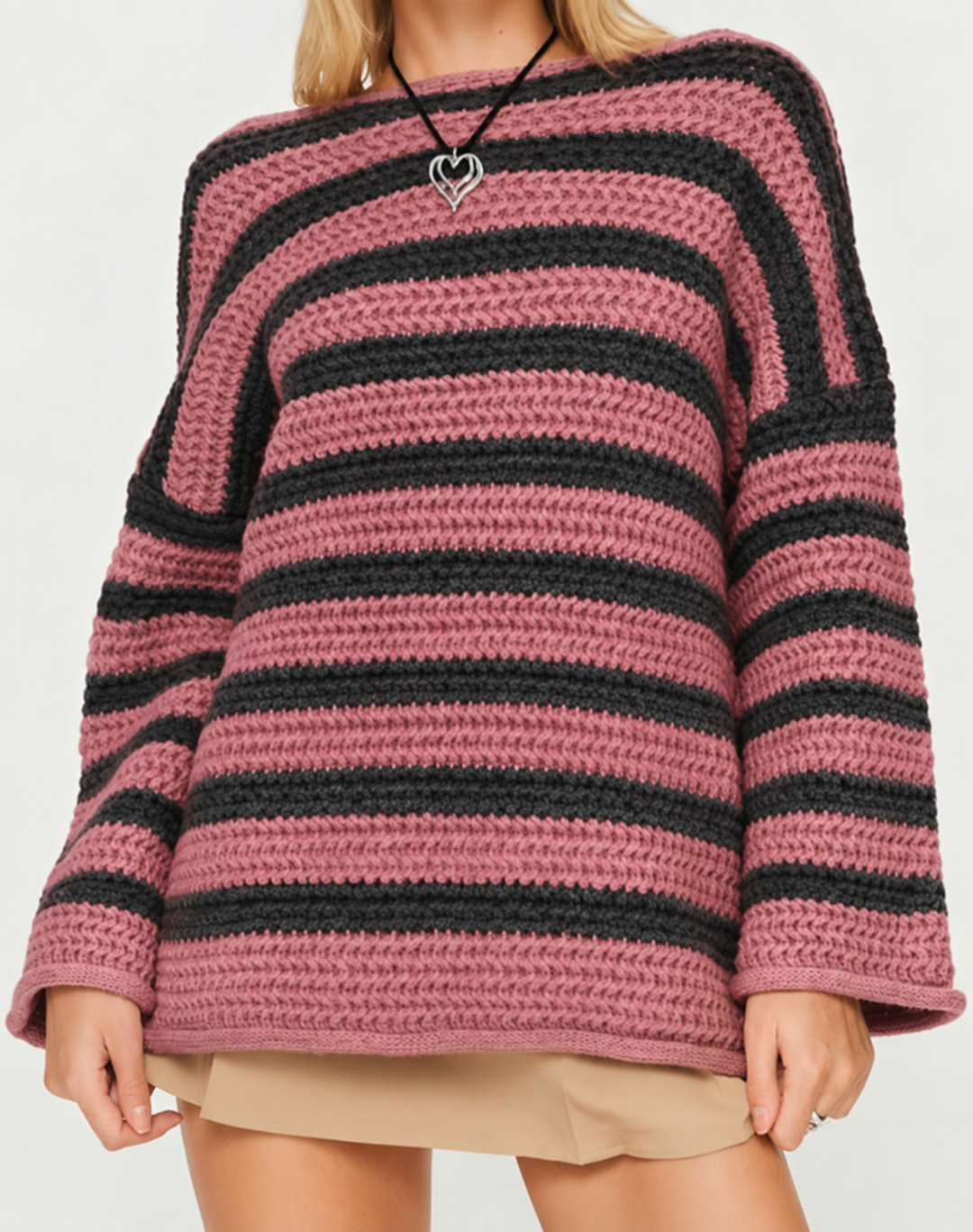 Women's oversized chunky knit sweater with bold horizontal stripes and long sleeves