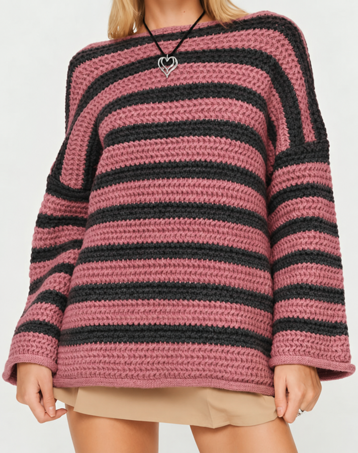 Women's oversized chunky knit sweater with bold horizontal stripes and long sleeves