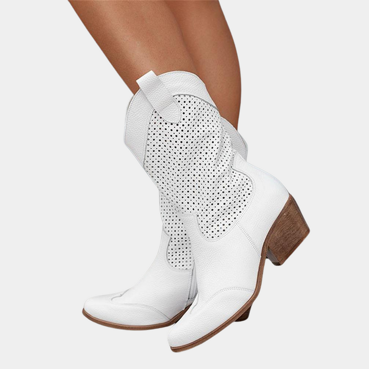 Women's perforated cowboy boots with almond toes, side zips and block heels