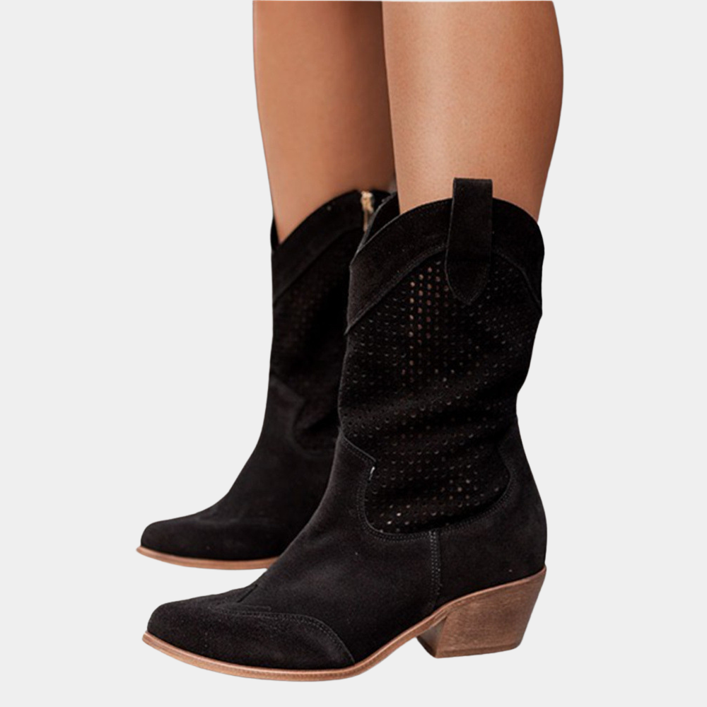 Women's perforated cowboy boots with almond toes, side zips and block heels