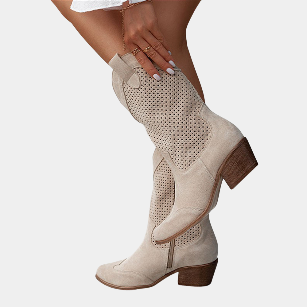Women's perforated cowboy boots with almond toes, side zips and block heels